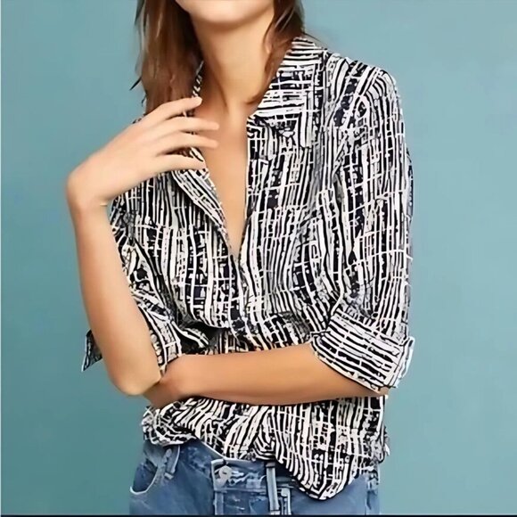 Anthropologie Blue and White Relaxed Button Down Blouse - Picture 1 of 9